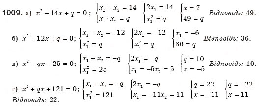 Завдання № 1009 - § 21. Теорема Вієта - ГДЗ Алгебра 8 клас Г.П. Бевз, В.Г. Бевз 2008