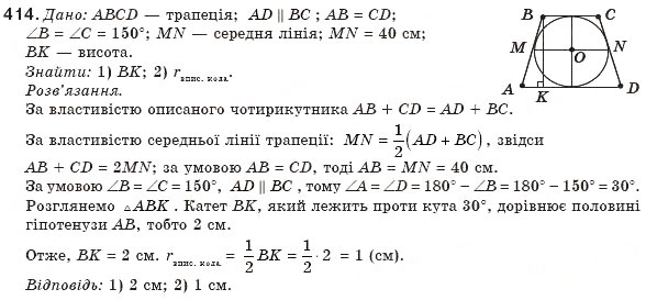Завдання № 414 - § 9. Вписані й описані чотирикутники - ГДЗ Геометрія 8 клас М.І. Бурда, Н.А. Тарасенкова 2007