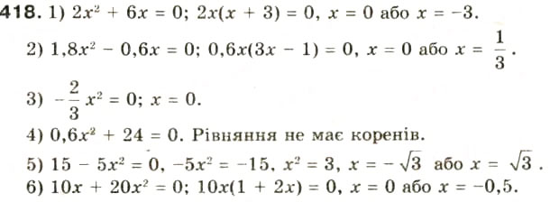 Завдання № 418 - § 20. Квадратні рівняння. Неповні квадратні рівняння, їх розв'язування - ГДЗ Алгебра 8 клас О.Я. Біляніна, Н.Л. Кінащук, І.М. Черевко 2008