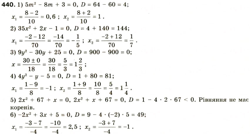 Завдання № 440 - § 21. Формула коренів квадратного рівняння - ГДЗ Алгебра 8 клас О.Я. Біляніна, Н.Л. Кінащук, І.М. Черевко 2008
